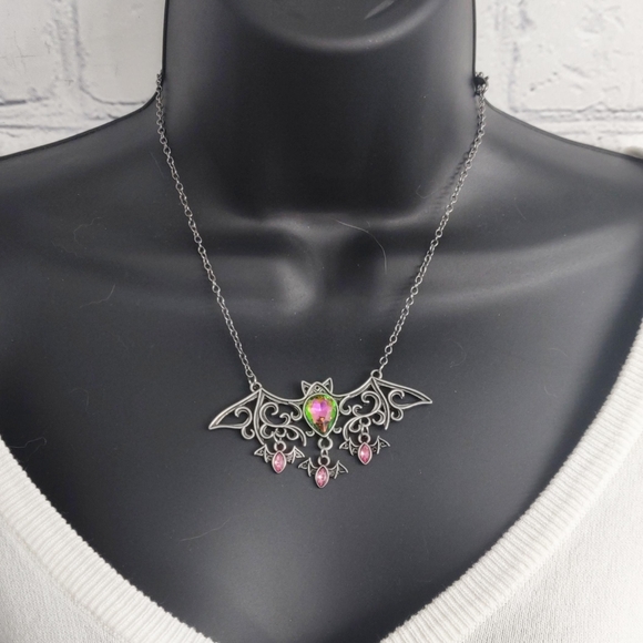 Pink & Green Antiqued Mama Bat Necklace - Picture 2 of 7